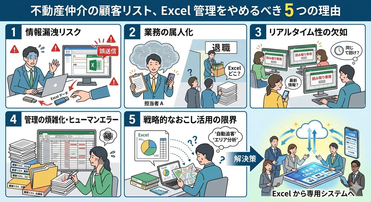 不動産仲介の Excel 顧客リストの落とし穴をテーマにしたイメージイラスト