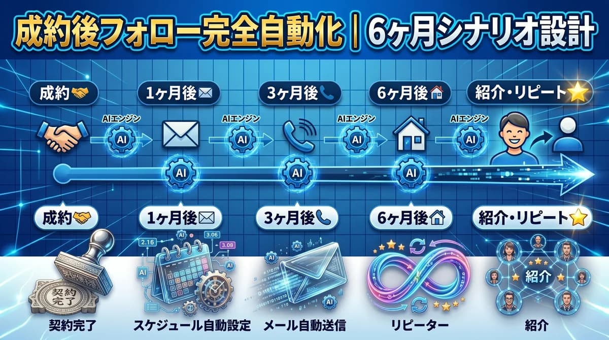 成約後フォロー完全自動化|6ヶ月シナリオ設計・AIエンジンで成約→1ヶ月後→3ヶ月後→6ヶ月後→紹介・リピートの流れを自動化