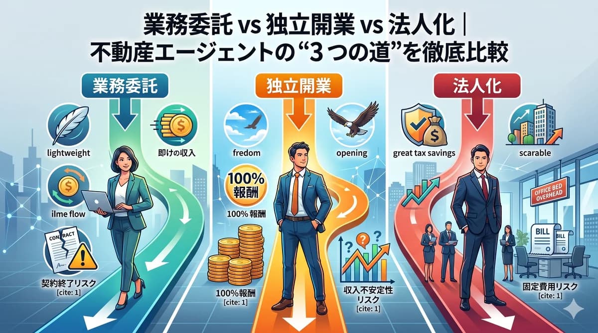 業務委託・独立開業・法人化の3つの道を不動産エージェントのキャリア戦略として徹底比較するインフォグラフィック