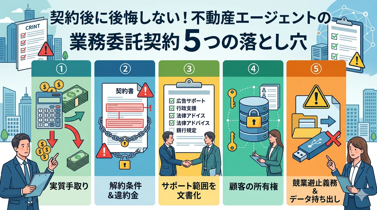 不動産エージェントの業務委託契約 5 つの落とし穴(実質手取り・解約条件・サポート範囲・顧客所有権・競業避止&データ持ち出し)を示すインフォグラフィック