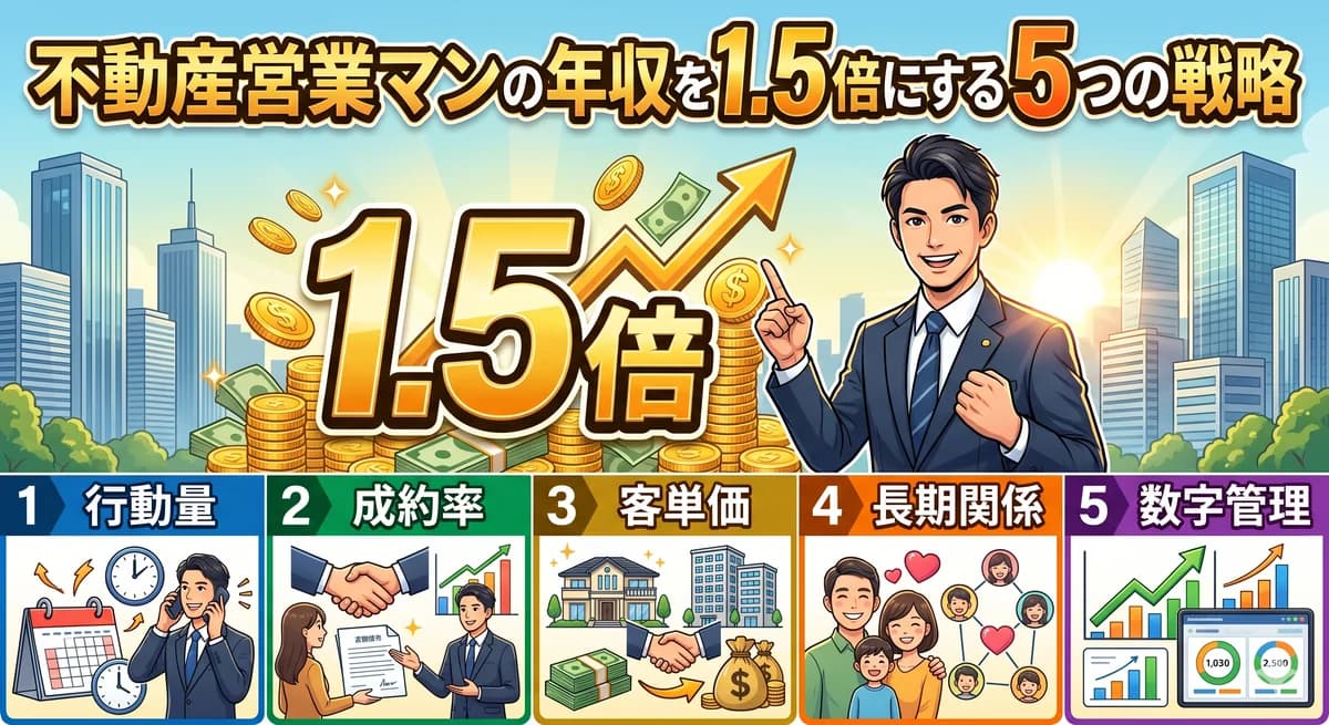 不動産営業マンの年収を 1.5 倍にするための 5 つの戦略(行動量・成約率・客単価・長期関係・数字管理)を視覚化したインフォグラフィック