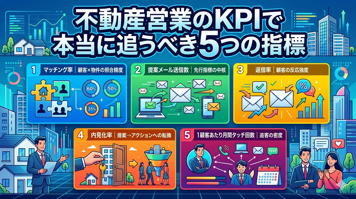 不動産営業のKPIで本当に追うべき5つの指標(マッチング率・提案メール送信数・返信率・内見化率・1顧客あたり月間タッチ回数)を示すインフォグラフィック