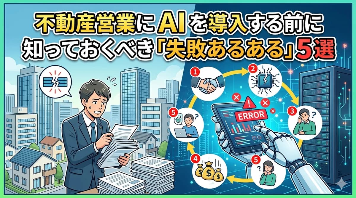 不動産営業に AI を導入する前に知っておくべき「失敗あるある」5 選を示すインフォグラフィック