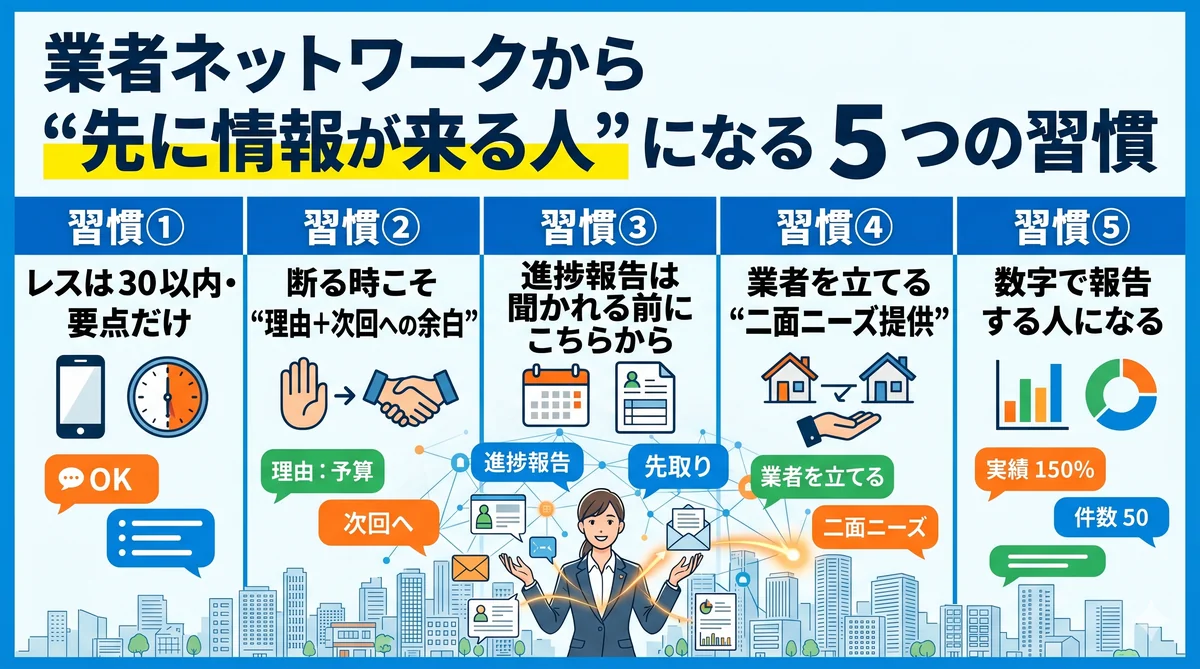 業者ネットワークから「先に情報が来る人」になる5つの習慣(即返信・断り方・進捗報告・二面ニーズ・数字共有)を示すインフォグラフィック
