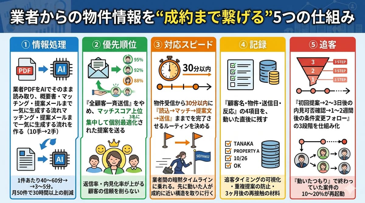 業者からの物件情報を成約まで繋げる5つの仕組み(①情報処理 ②優先順位 ③対応スピード ④記録 ⑤追客)を解説するインフォグラフィック
