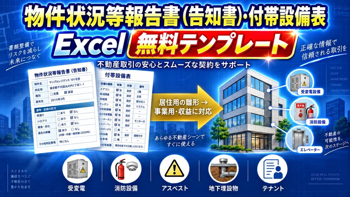 不動産売買仲介の物件状況等報告書(告知書)・付帯設備表テンプレート 事業用・収益物件の記載項目 受変電・消防設備・アスベスト・地下埋設物・テナント Excel無料DL アイキャッチ