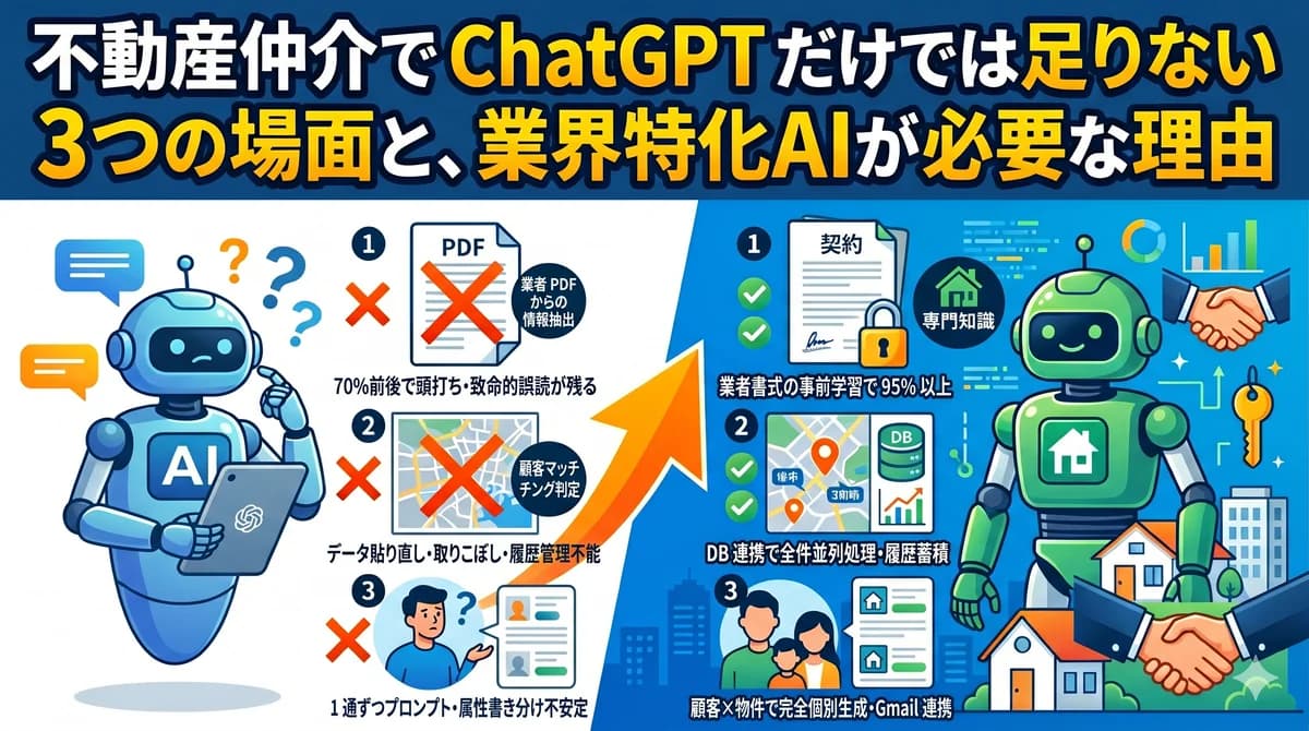 不動産仲介で ChatGPT だけでは足りない3つの場面と、業界特化AIが必要な理由(①業者PDFからの情報抽出 ②顧客マッチング判定 ③個別提案文生成)を「ChatGPT 単体の限界」と「業界特化AIで解決される構造」の対比で解説するインフォグラフィック