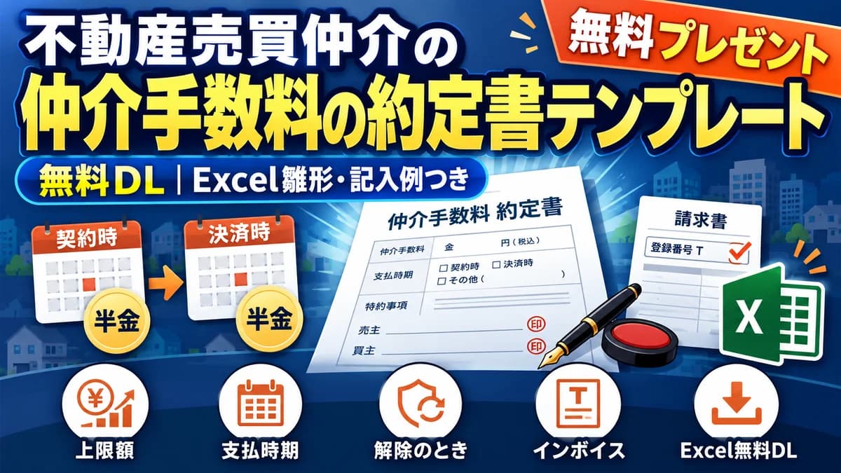 不動産売買仲介の仲介手数料の約定書テンプレート 上限額・支払時期(契約時と決済時の半金)・解除のとき・インボイスに対応したExcel雛形と記入例を無料でダウンロード