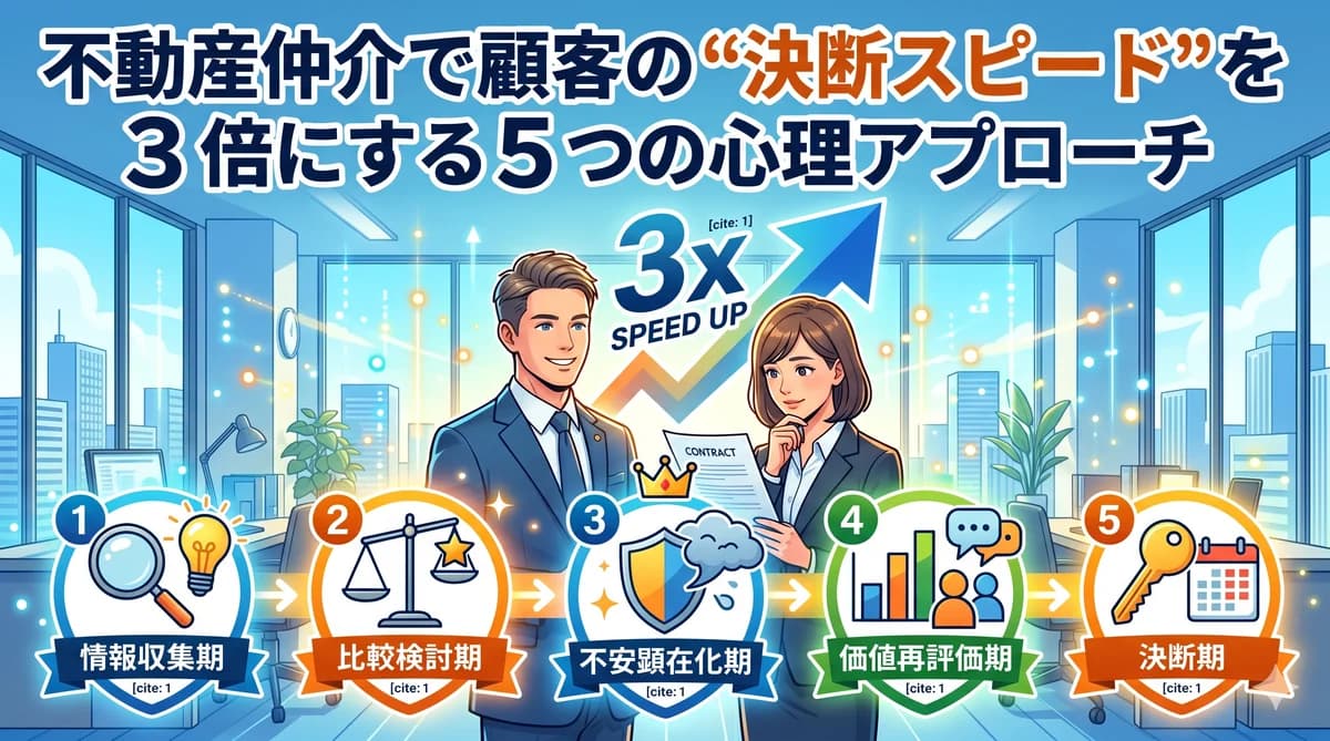 不動産仲介で顧客の決断スピードを 3 倍にする 5 つの心理段階(情報収集・比較検討・不安顕在化・価値再評価・決断)を示すインフォグラフィック