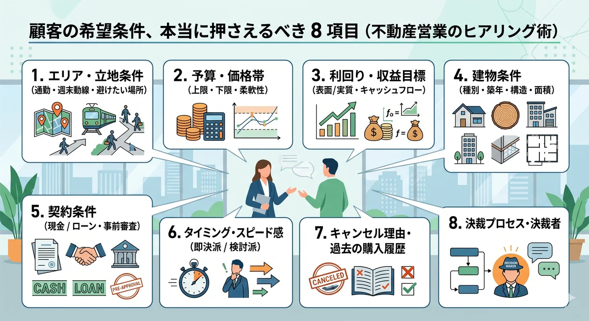 不動産営業の顧客ヒアリング 8 項目を示すインフォグラフィック