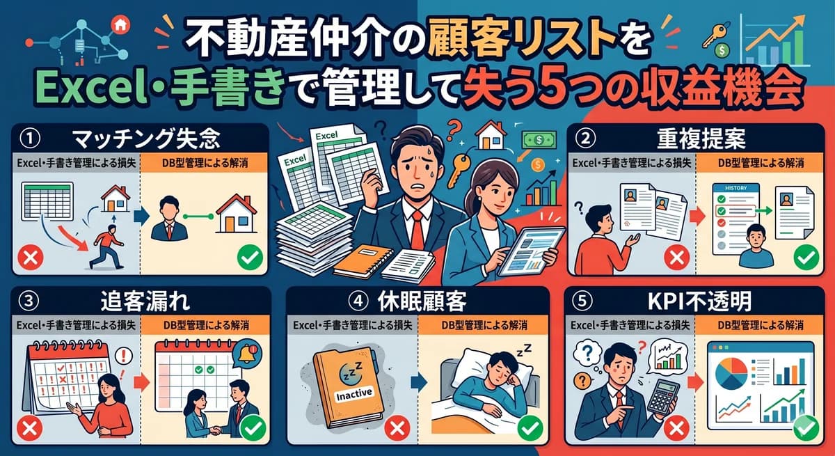 不動産仲介の顧客リストを Excel・手書きで管理して失う5つの収益機会(①マッチング失念 ②重複提案 ③追客漏れ ④休眠顧客 ⑤KPI不透明)を「Excel・手書き管理による損失」と「DB型管理による解消」の対比で解説するインフォグラフィック