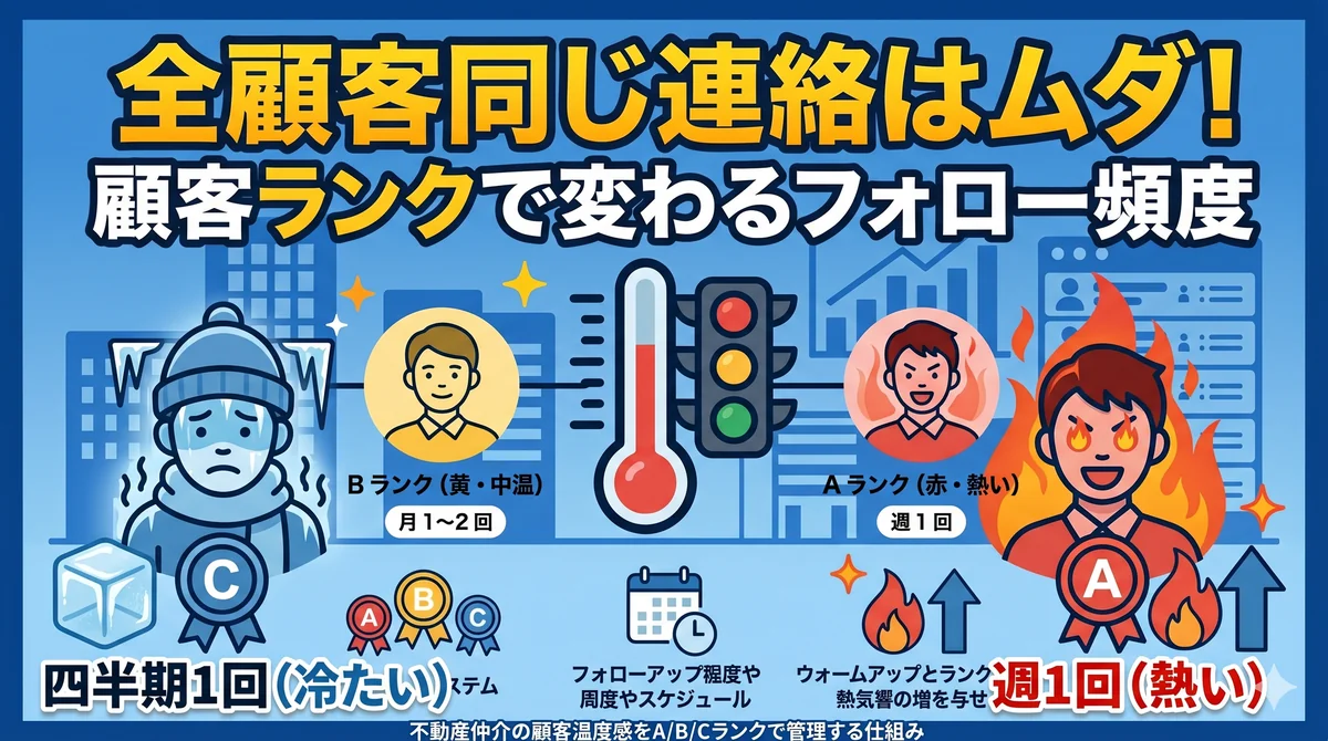 全顧客同じ連絡はムダ!顧客ランクA/B/Cで変わるフォロー頻度の図解