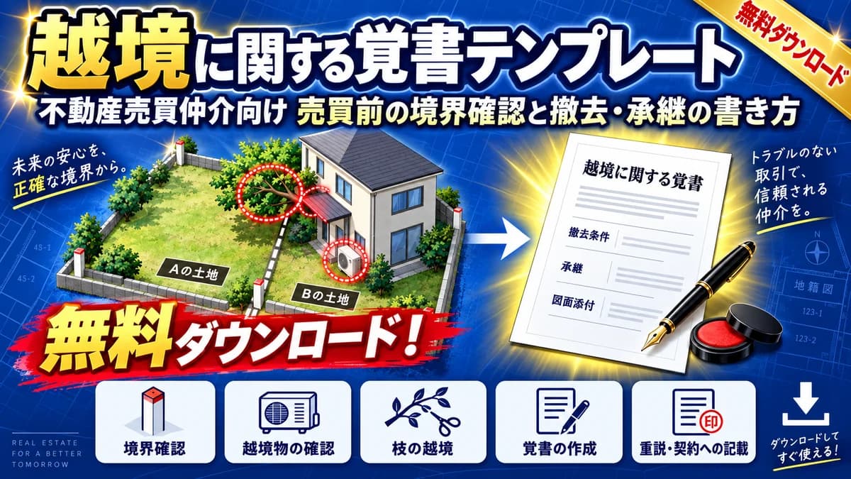 不動産売買仲介の越境に関する覚書テンプレート 売買前の境界確認と撤去・承継の書き方 Excel無料DL アイキャッチ
