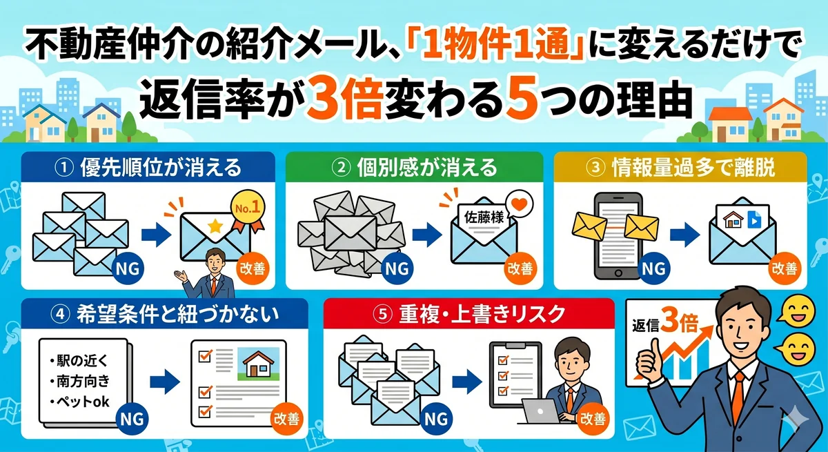 不動産仲介の紹介メール「1物件1通」に変えるだけで返信率が3倍変わる5つの理由(①優先順位が消える ②個別感が消える ③情報量過多で離脱 ④希望条件と紐づかない ⑤重複・上書きリスク)を NG/改善 の対比で解説するインフォグラフィック