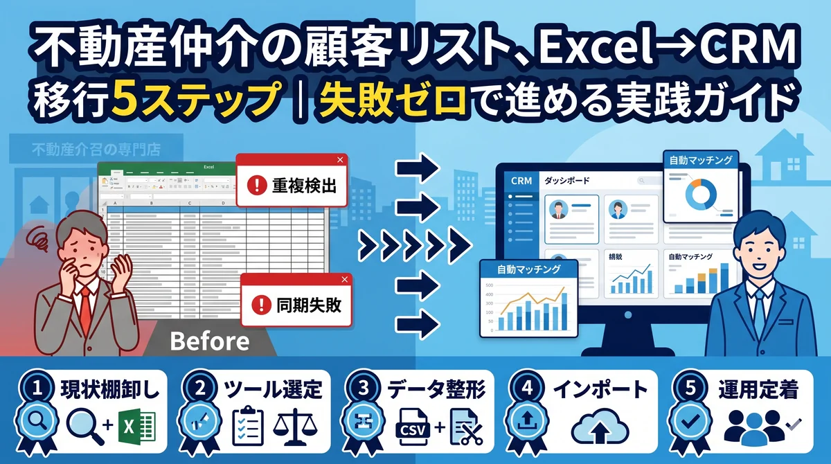不動産仲介の顧客リスト、Excel→CRM 移行5ステップ|失敗ゼロで進める実践ガイド