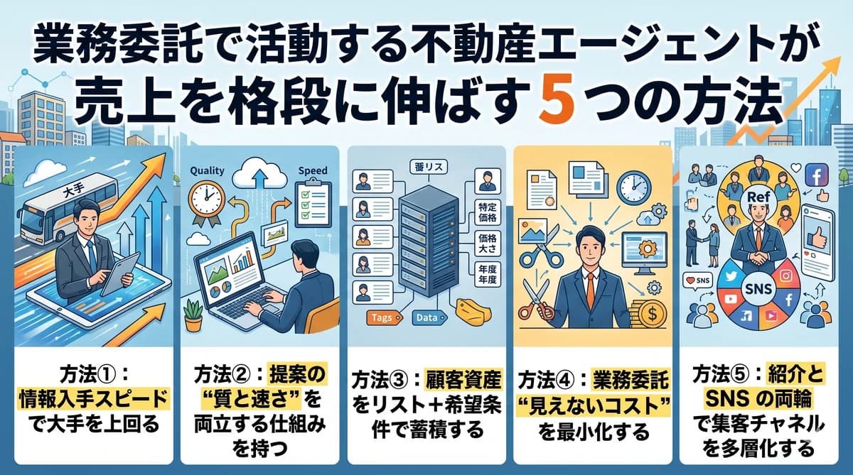 業務委託で活動する不動産エージェントが売上を格段に伸ばす5つの方法(情報入手スピード・提案質と速さ・顧客資産蓄積・コスト最小化・集客多層化)を示すインフォグラフィック