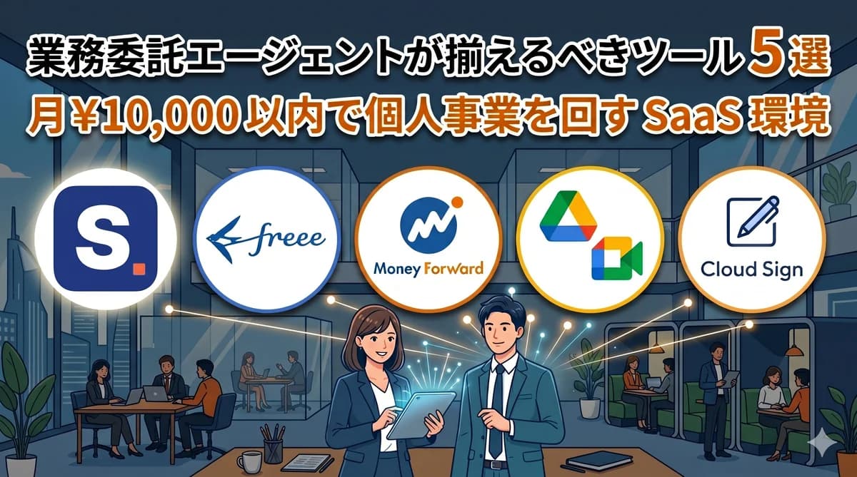 業務委託エージェントが揃えるべき5つのSaaSツール(AI業務基盤・会計・クラウドストレージ・オンライン会議・電子契約)を示すインフォグラフィック