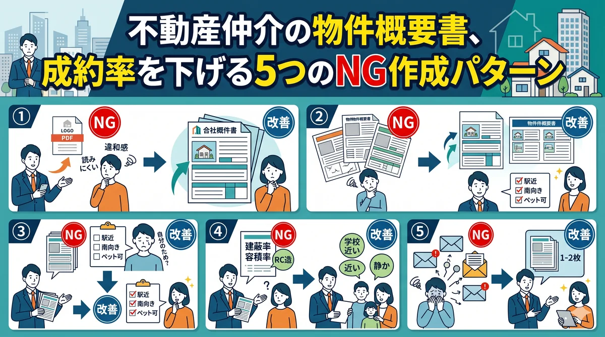 不動産仲介の物件概要書、成約率を下げる5つのNG作成パターン(①業者PDFそのまま転送 ②書式バラバラ ③希望条件と紐づかない ④業者視点のメリット記述 ⑤一括送信)を NG/改善 の対比で解説するインフォグラフィック