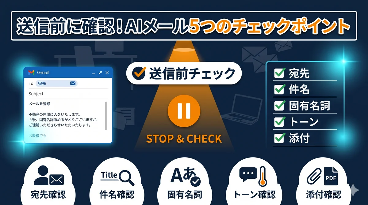 送信前に確認・AIメール5つのチェックポイント(宛先・件名・固有名詞・トーン・添付)