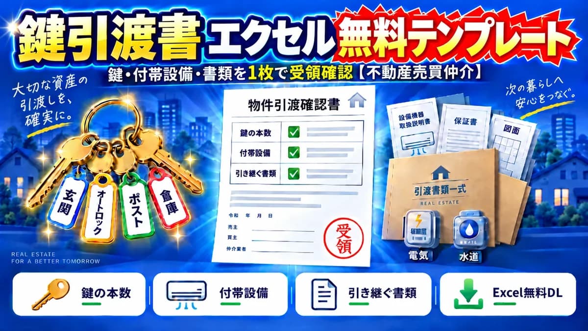 鍵引渡書(物件引渡確認書)エクセル無料テンプレート 鍵・付帯設備・書類を1枚で受領確認 不動産売買仲介 アイキャッチ