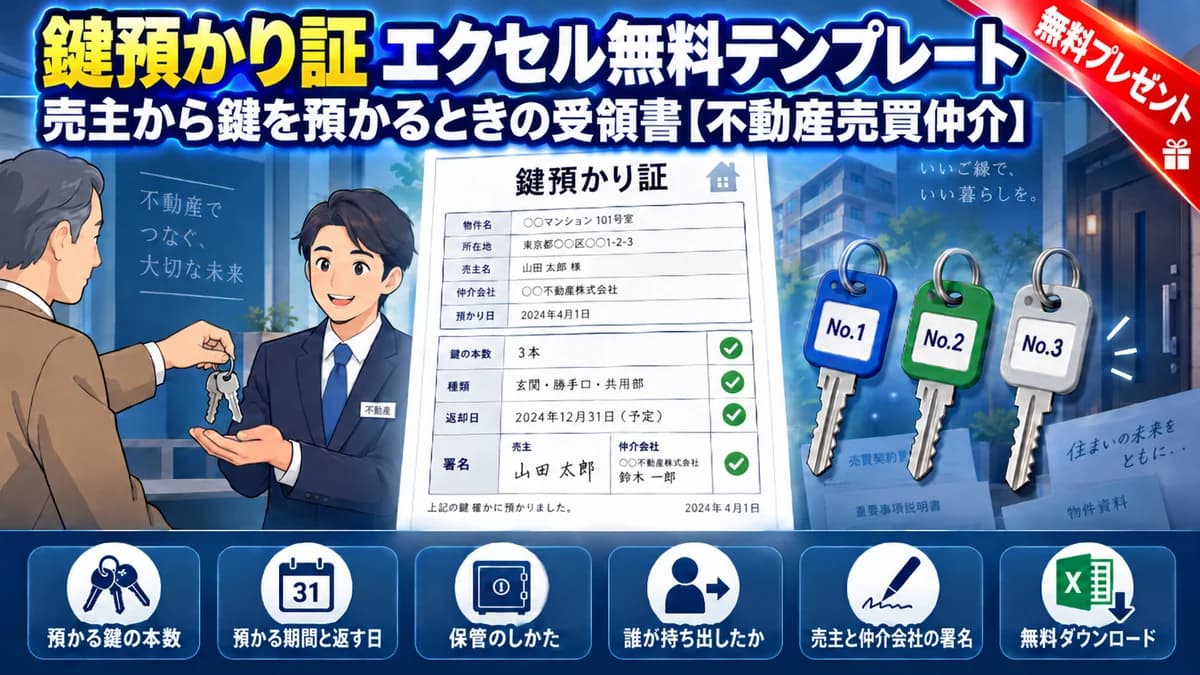 鍵預かり証エクセル無料テンプレート 売主から鍵を預かるときの受領書 不動産売買仲介 アイキャッチ