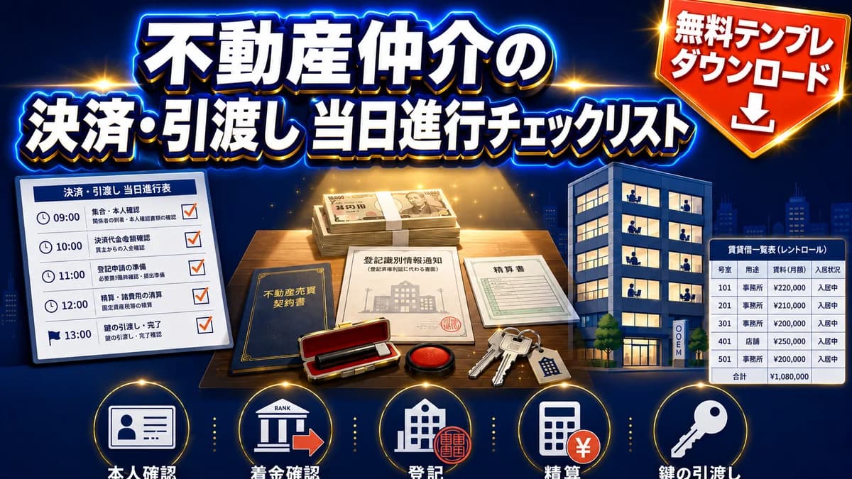 不動産仲介の決済・引渡し当日進行チェックリスト 無料Excelテンプレート 残代金・登記・精算・鍵引渡しを時系列で管理 アイキャッチ