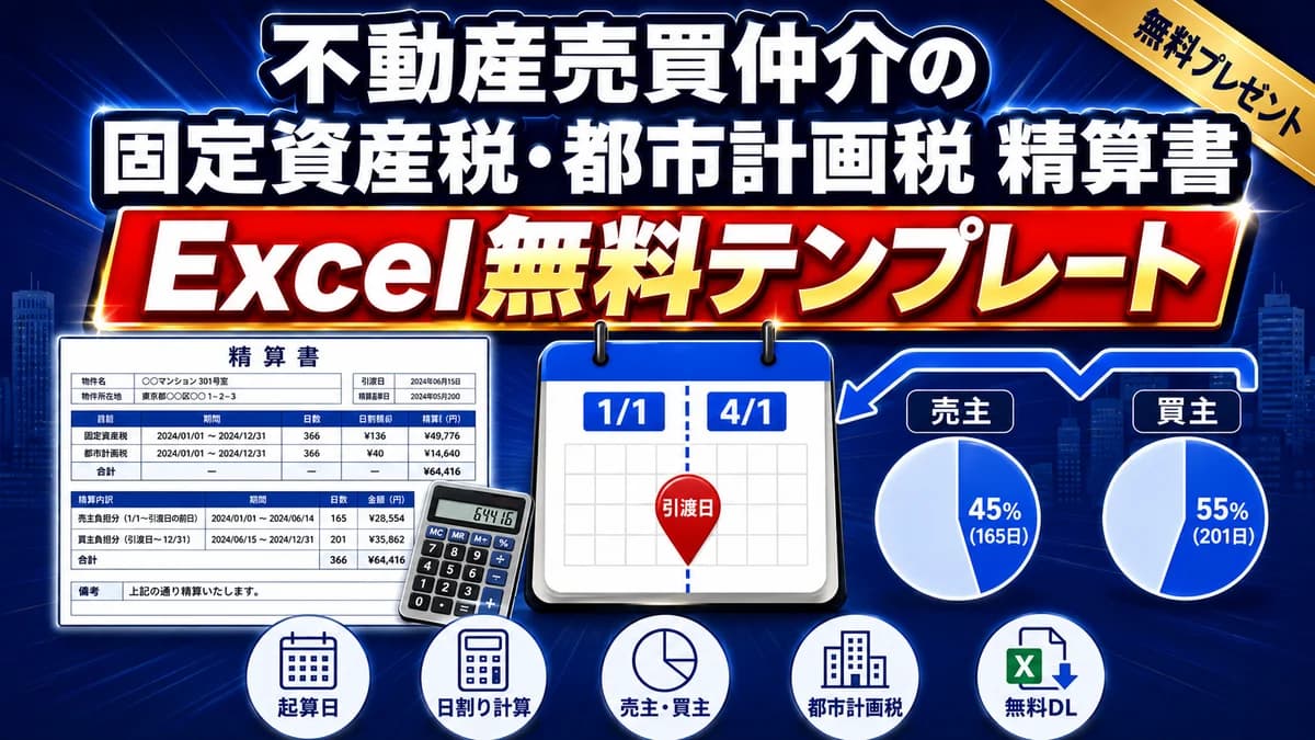 不動産売買仲介の固定資産税・都市計画税 精算書 Excel無料テンプレート 起算日と日割り計算で売主・買主の負担を分ける アイキャッチ