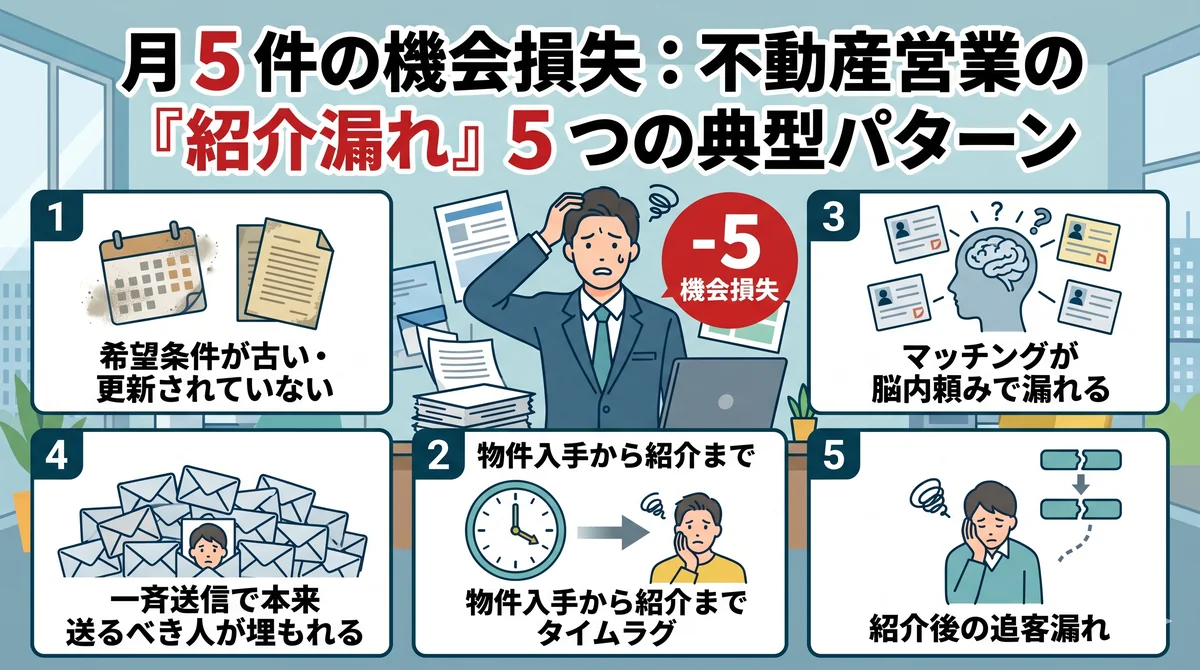 不動産営業の紹介漏れ 5 つの典型パターンを示すインフォグラフィック