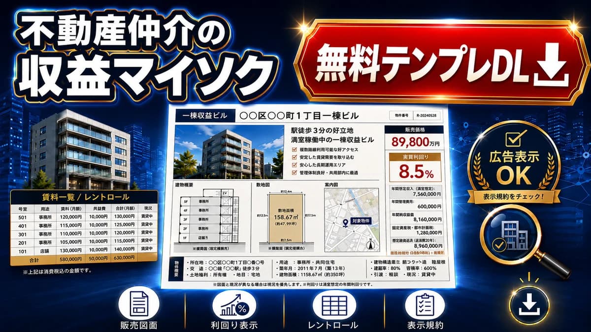 収益・事業用マイソク(販売図面)テンプレートのイメージ|利回り・レントロール欄と広告表示規約チェック付きの販売図面