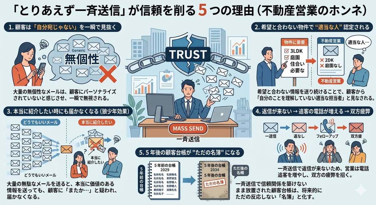 一斉送信が不動産営業の信頼を削る 5 つの理由を示すインフォグラフィック