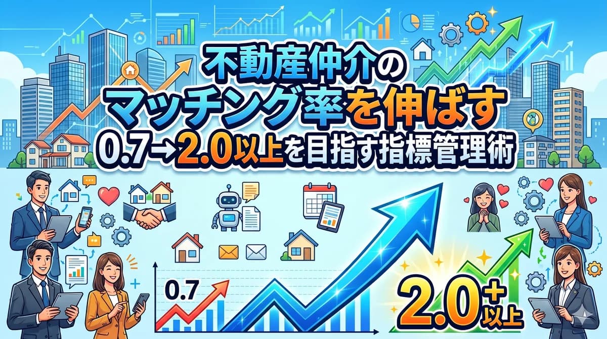 不動産仲介のマッチング率を伸ばす5つの数字|0.7→2.0以上を目指す指標管理術(都心ビル群と上昇グラフ・営業マンと顧客のアイコン・「0.7→2.0以上」を視覚化した青基調のインフォグラフィック)