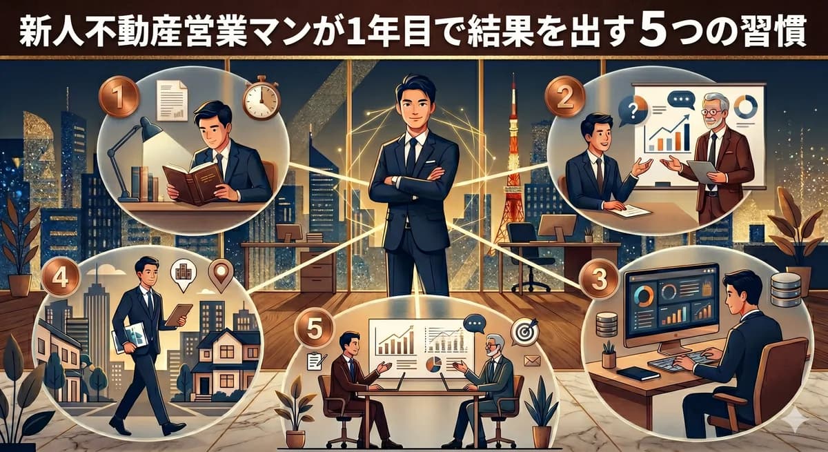 新人不動産営業マンが 1 年目で結果を出す 5 つの習慣(商品知識インプット・質問する勇気・顧客情報の記録・行動量・週次振り返り)を視覚化したインフォグラフィック