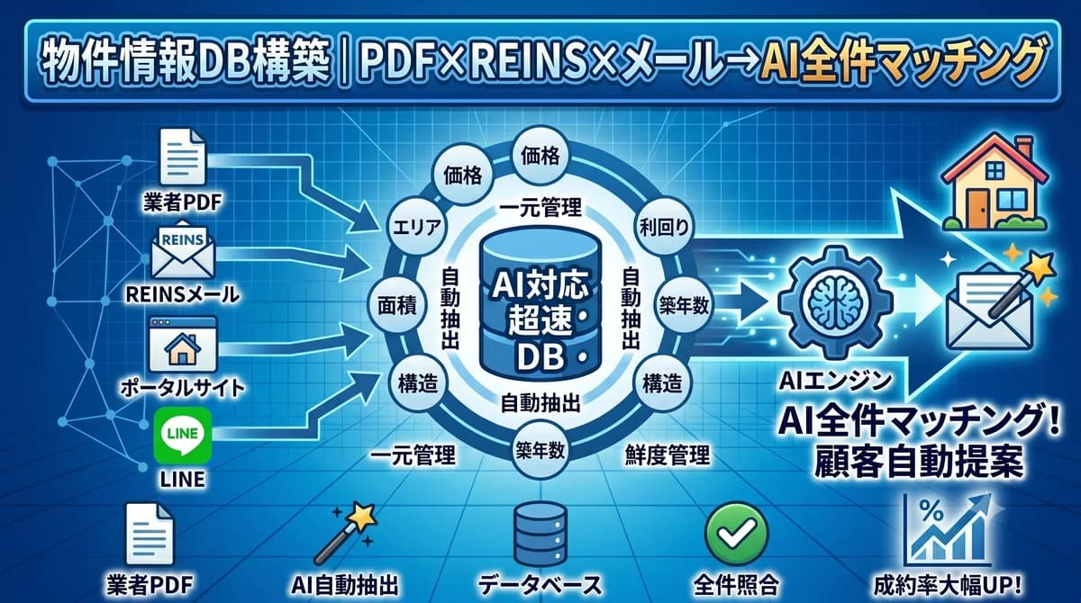 物件情報DB構築|業者PDF・REINSメール・ポータルサイト・LINEからAI自動抽出→一元管理DB→AI全件マッチング・顧客自動提案