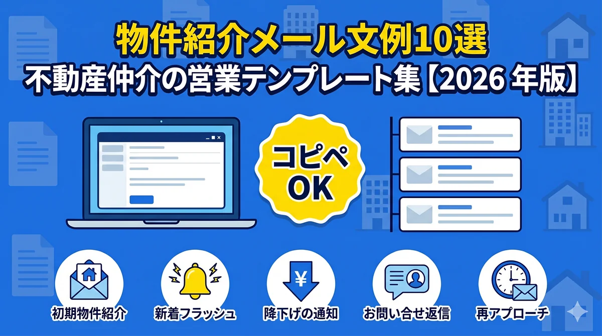 物件紹介メール文例 10 選|コピペOKの不動産仲介営業テンプレート集(初期物件紹介・新着速報・値下げ通知・問い合わせ返信・再アプローチ)【2026 年版】
