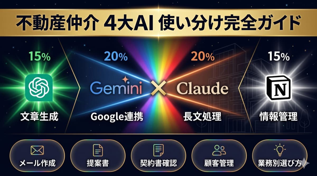 不動産仲介4大AI使い分け完全ガイド|ChatGPT・Gemini・Claude・Notion AIを業務別に正しく選ぶ方法