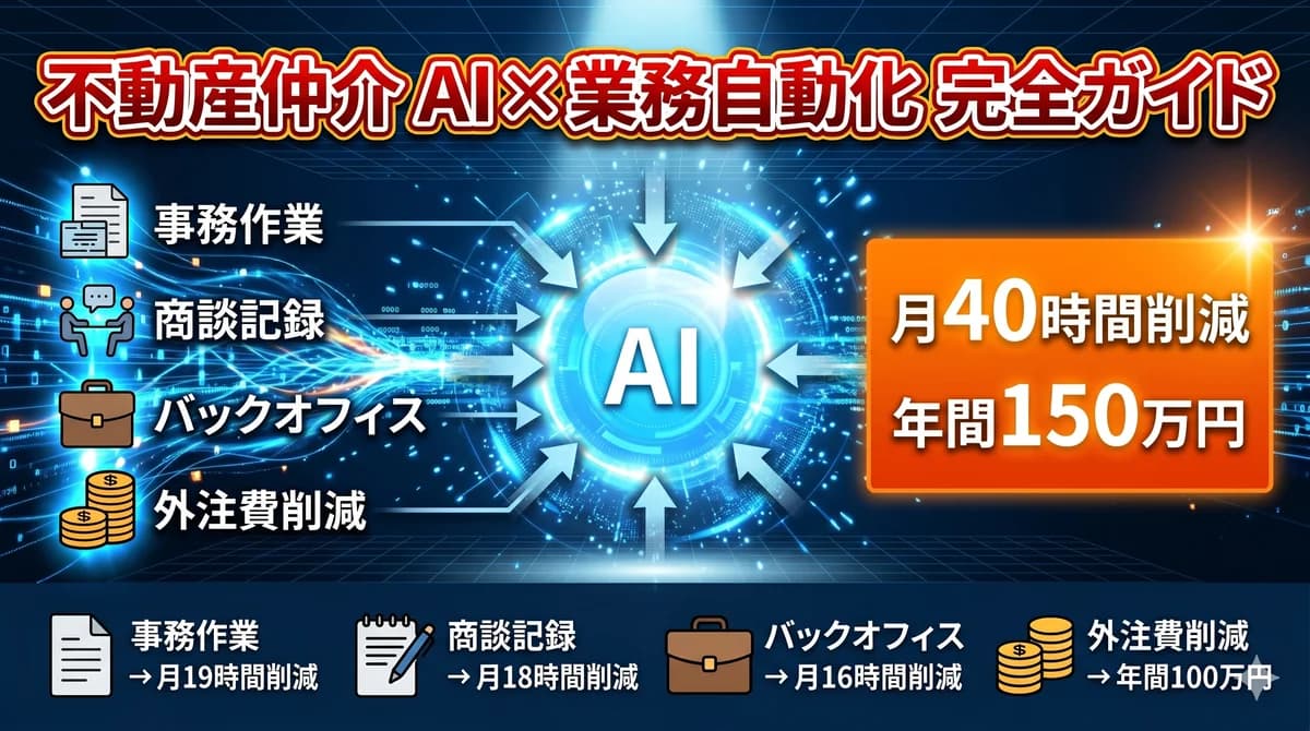 不動産仲介AI×業務自動化完全ガイド|事務・商談記録・バックオフィス・外注費削減の4領域で月40時間・年間150万円を取り戻す