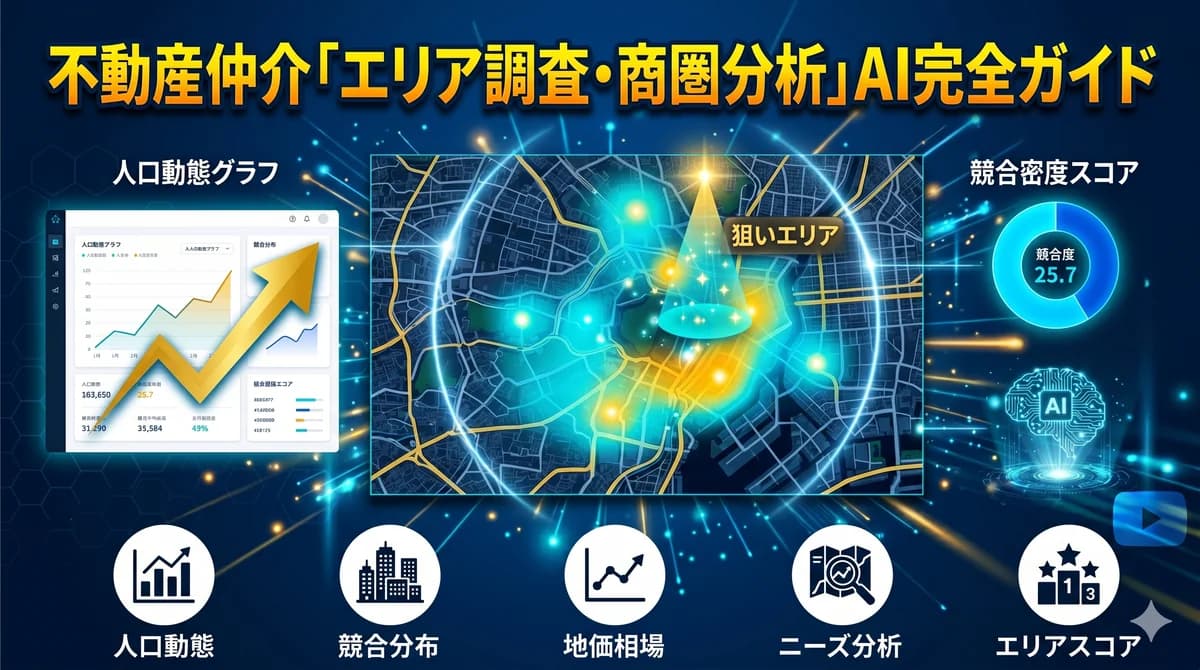 不動産仲介のエリア調査・商圏分析AIガイド|人口動態・競合分布・地価相場・ニーズ分析・エリアスコアの5軸で新規開拓エリアを決める