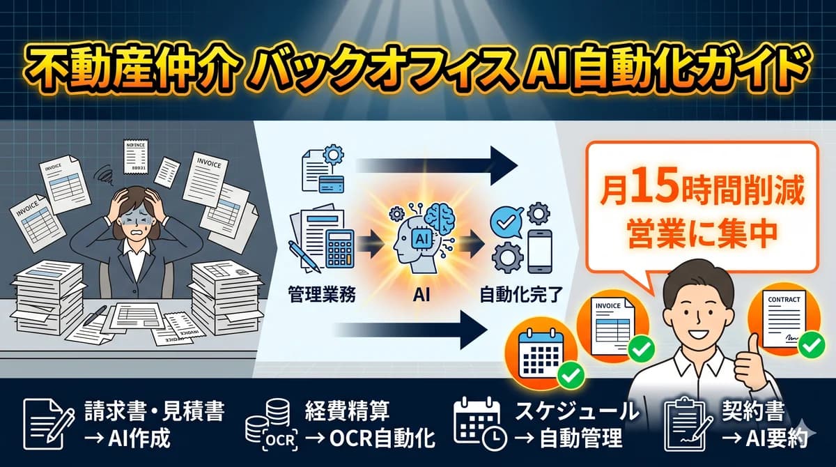 不動産仲介バックオフィスAI自動化ガイド|請求書・経費精算・スケジュール・契約書管理をAIで自動化して月15時間削減