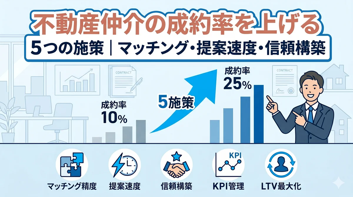 不動産仲介の成約率を上げる 5 施策(マッチング精度・提案速度・信頼構築・KPI管理・LTV最大化)の改善ロードマップ