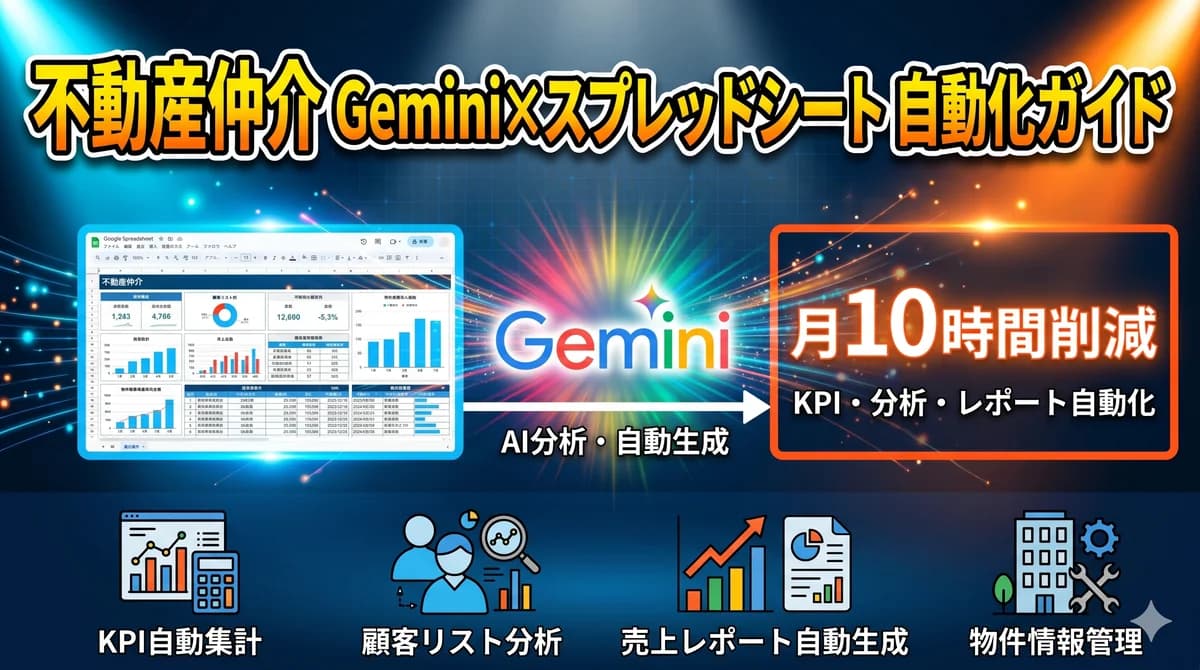 不動産仲介Gemini×スプレッドシート自動化ガイド|KPI自動集計・顧客リスト分析・売上レポート自動生成・物件情報管理で月10時間削減