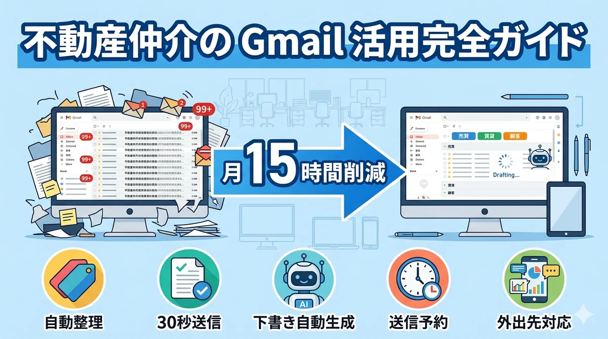 不動産仲介の Gmail 活用完全ガイド|混乱した受信ボックスを自動整理・AI下書き・送信予約で月15時間削減