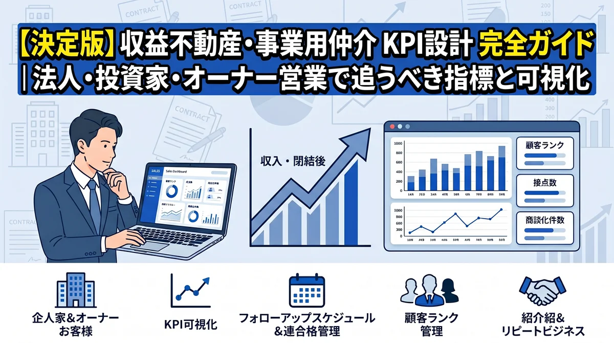 収益不動産・事業用仲介の KPI 設計完全ガイド|法人・投資家・オーナー営業で追うべき 15 指標と可視化【2026 年版】