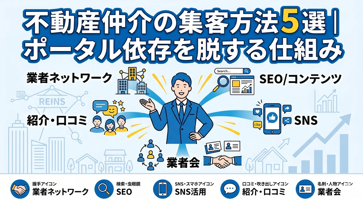 不動産仲介の集客方法 5 選(業者ネットワーク・SEO・SNS・紹介口コミ・業者会)の全体設計図インフォグラフィック