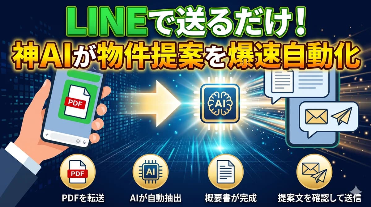 不動産仲介「LINEで物件PDFを送るだけ」完全ガイド|PDF転送→AI抽出→概要書PDFとマッチ結果がLINEに返ってくる仕組み