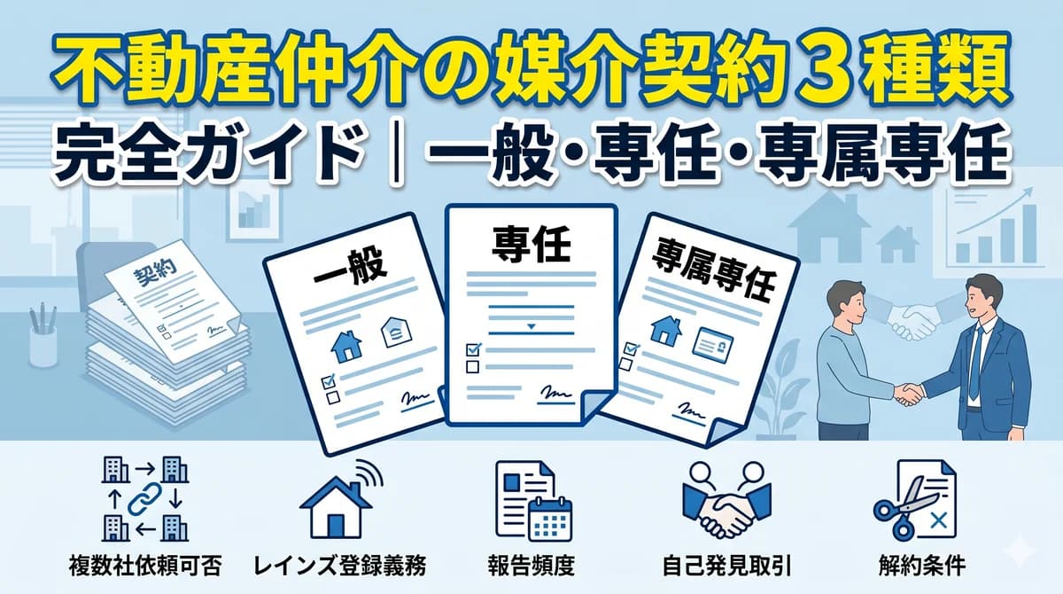 不動産仲介の媒介契約 3 種類 完全ガイド|一般・専任・専属専任の違いを 5 観点で比較するインフォグラフィック