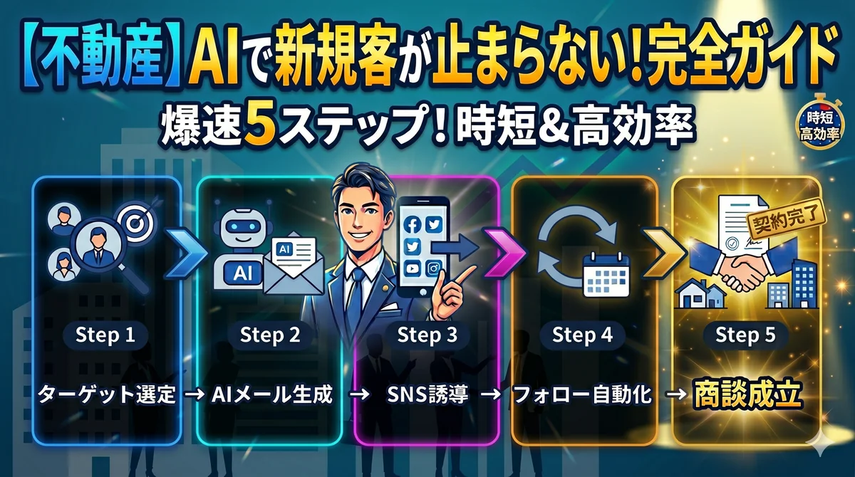 不動産仲介の新規顧客開拓をAIで自動化する5ステップ(ターゲット選定→AIメール生成→SNS誘導→フォロー自動化→商談成立)