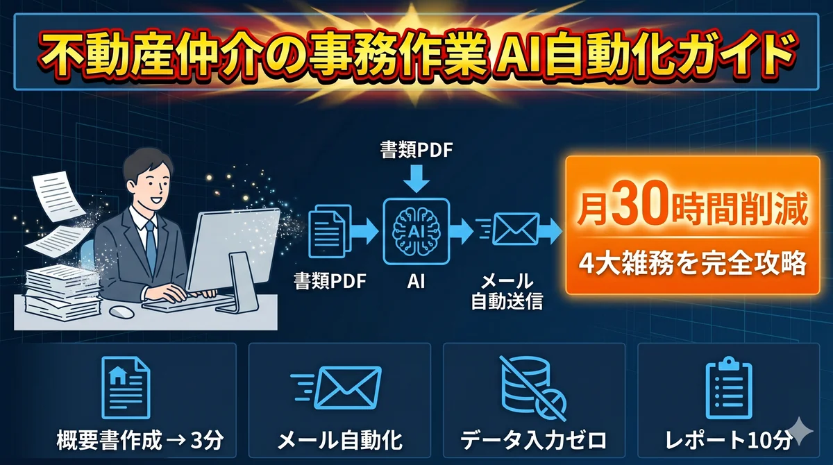 不動産仲介の事務作業AI自動化ガイド|概要書作成3分・メール自動化・データ入力ゼロ・レポート10分を実現する完全ガイド