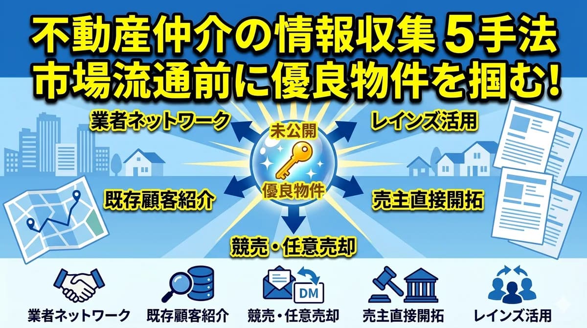 不動産仲介の物件情報収集 5 手法(業者ネットワーク・レインズ・売主直接開拓・競売・紹介ルート)の仕組み図解