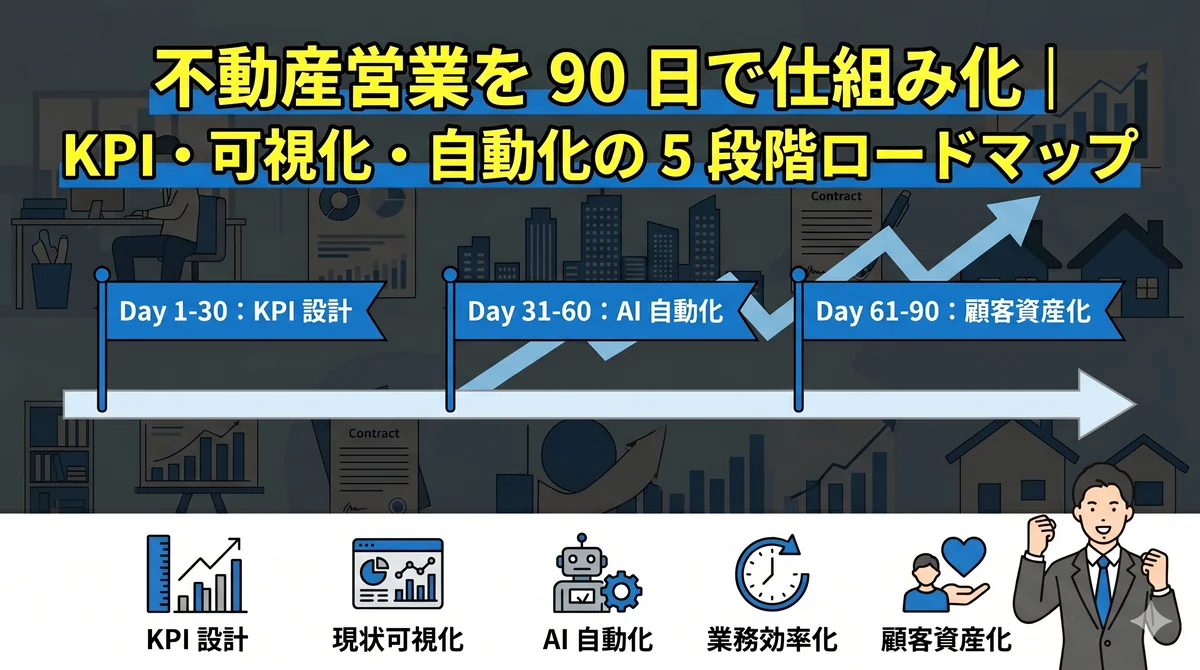 不動産営業を 90 日で仕組み化する 5 段階ロードマップ|KPI 設計・現状可視化・AI 自動化・業務効率化・顧客資産化のタイムライン図解
