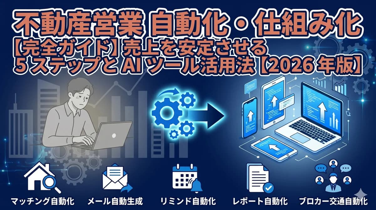 不動産営業 自動化・仕組み化 完全ガイド|手作業 → AI ツールへの変革(マッチング自動化・メール自動生成・リマインド・レポート・業者連絡の 5 領域)【2026 年版】
